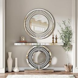 BUNGALOW MERCER Luxury Console Table with Matching Wall Mirror – Glam Circular Design with Crystal Accents (Silver)-image-37