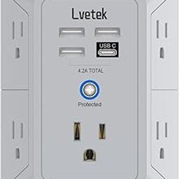 Outlet Extender, Surge Protector Outlet with 5-Multi Plug Outlet and 4 USB Ports(1 USB C), 3-Sided 1680J Power Strip Wall Charger, Multiple-Plug Outlet Splitter for Home Travel Office,ETL Listed,Grey-40