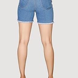 Women's Fringed Mid Blue Denim Megan Shorts-image-65