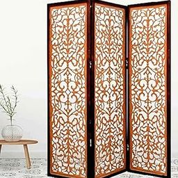 AB Craft Decorative 3-Panel Room Divider Screen, Wooden Frame with Intricate Floral Pattern, Brown-image-75