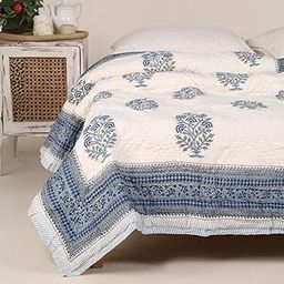 Peepultree Single Bed Hand Block Printed Cotton Quilt Jaipuri Razai Softness & Style | Beautiful Floral AC Blanket, Reversible, Breathable, Made in India (White & Blue)-image-94