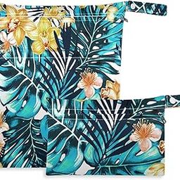 Blue Palm Leaf Flower Floral 2Pcs Wet Bag with Zippered Pockets Washable Reusable Roomy for Travel,Beach,Pool,Daycare,Stroller,Diapers,Dirty Gym Clothes, Wet Swimsuits, Toiletries-0