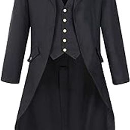 Mens Gothic Tailcoat Jacket Black Steampunk VTG Victorian Coat, Black/Brassy Button Long, Medium-image-74