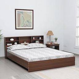 FURNY Serrio Queen Size Bed with Headboard Storage for Bedroom Home Hotel (Engineered Wood- Brown)-image-10