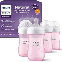 AVENT Philips Natural Baby Bottle With Natural Response Nipple, Pink, 9Oz, 4Pk, Scy903/14-3
