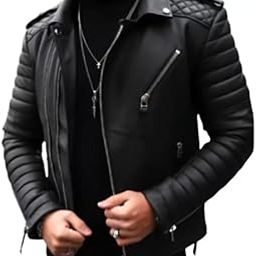 Men's Black Leather Winter Jacket with Quilted Panels, Zipper Closure-image-104