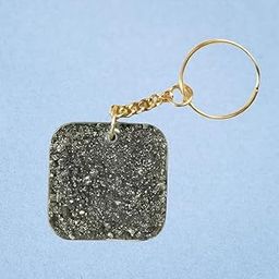 Handcrafted Pyrite Engarved Keychain Square Design with Engravings & Metallic Charm Ring for Wealth Attraction & Energy Healing-image-15