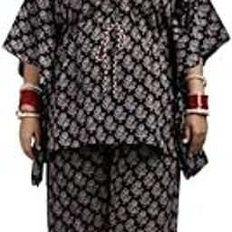 Women's Printed Flower Cotton V Shape Neck Kaftan 3/4 Sleeve Laces Tie Knot Night Suit Set Top/Kaftan & Pyjamas -Black-image-16