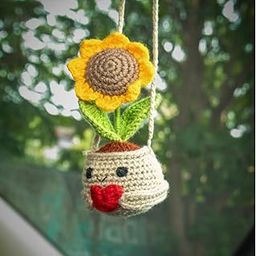 Happy Threads Crochet Sunflower Pot Car Hanging – Handmade Rearview Mirror Decor & Car Accessories – Father's Day, Cute Boho Charm for Car Interior – Made by Women Artisans,-image-97