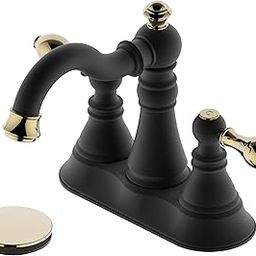 Derengge Two Handle Bathroom Faucet,Matte Black Bathroom Sink Faucet 3 Hole with Overflow Pop up Drain,Classic 4 Inch Centerset Lavatory Faucet with 360° Swivel Spout,F-0048-MG-30