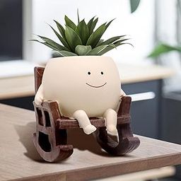 Toparad Smily Face Planter Pot for Indoor Outdoor Plants, Unique Sit Rocking Chair Succulent Pots with Drainage Hole, Cute Resin Flower Head Planters, Fun Mother Teacher Appreciation Gift, Beige-image-20