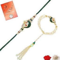 Meenakari Work Peacock-Shaped Bhaiya Bhabhi Rakhi with Artificial Pearl Chain Lumba & Green Thread Rakhi (RCOL1105850G)-image-30