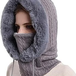 Womens Beanie Hat Scarf Mask Set Winter Knitted Warm Face Protection Gray-image-91