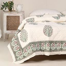 Peepultree Hand Block Printed Cotton Quilt Jaipuri Razai Softness & Style for Single Bed | Beautiful Floral AC Blanket, Reversible, Breathable, Made in India (White & Green) | 60X90 Inches-8