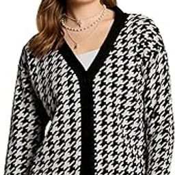 Women Houndstooth Printed V-Neck Drop-Shoulder Sleeves Front Button-Up Acrylic Straight Hem Knitted Regular Cardigan-9