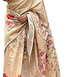 Women's Beige Silk Blend Floral Digital Print Saree with Blouse Piece-picture-15