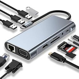 YellowCult USB C HUB, USB C Adapter 11 in 1 Dongle with 4K USB C to HDMI, VGA,Type C PD, RJ45 Ethernet, Micro SD/TF Card Reader, USB 3.0, 3.5mm AUX, Docking Station for MacBook Pro/Air, Type C Laptops-image-57