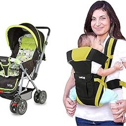 LuvLap Sunshine Stroller/Pram, Easy Fold, for Newborn Baby/Kids, 0-3 Years (Light Green) & Elegant Baby Carrier with 4 carry positions, for 4 to 24 months baby, Max weight Up to 15 Kgs (Black & Green)-14