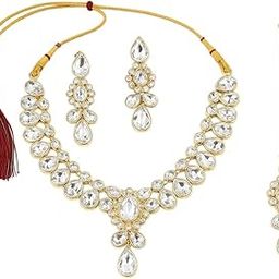 Sparkle Teardrop Kundan Style Necklace Set | Traditional Bridal Jewelry with Earrings and mang tika-image-16