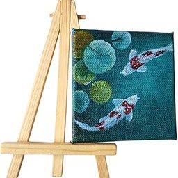 Mini Koi Fish Canvas Painting with Wooden Easel Stand,7.6 cm ×7.6 cm, Teal,homedecor-image-45
