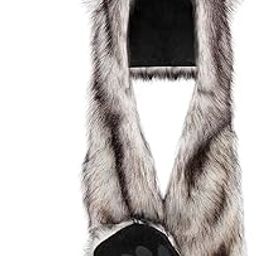 Wolf Faux Animal Hoods Hat Furry Hat Mittens Gloves Scarf Paws Ears Wolf Accessories (White and Black)-image-80
