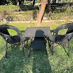 Prime Aura 2+1 Outdoor Patio Furniture Set, Black Wicker Rattan, 2 Chairs and TOP Fully SRIPTED Table Powder Coated Frame UV Protected Wicker Chair [Black]-14