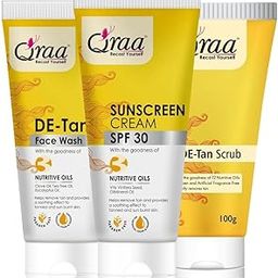 Qraa De Tan Combo Pack | Helps In Tan Removal & Dirt | Improves Pigmentation & Uneven Skin Tone | De Tan Scrub 100gm,De Tan Face Wash 100gm & Sunscreen Cream SPF 30 100gm | Pack of 3 (300, 3)-16