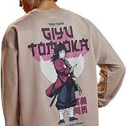 Demon Slayer: Giyu Men and Boys Round Neck Beige Graphic Printed Cotton Lightweight All-Season Full Sleeves Oversized T-Shirt-image-92