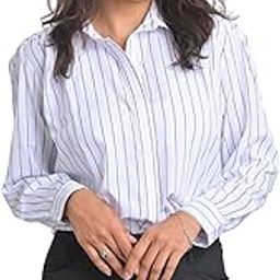 Women's Striped Button Down Shirt – Long Sleeve Collared Office Blouse, Casual Business Work Top,White-image-4