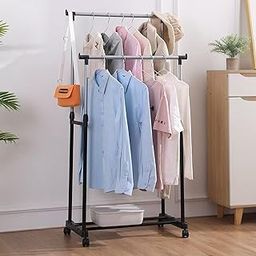 HOKIPO Double Rod Clothes Hanging Rack with Wheels – Garment Organizer Stand for Bedroom Home (AR-6018)-image-76