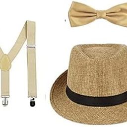 Suspender and Bow Tie Set with Matched Hat for Men- beige-image-24