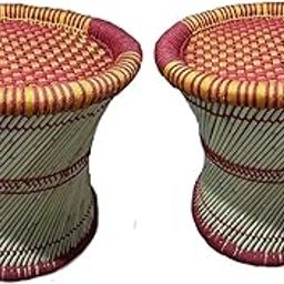 HM ServicesCane Bamboo Stool/Muddha for Outdoor/Indoor/Furnishing/Color: Multicolor (Pack of 2)-image-74
