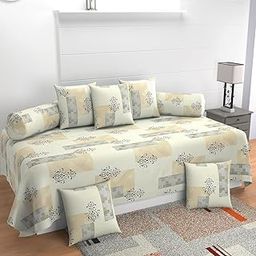 Decorative Diwan Set with 5 Cushions and 2 Bolsters, Floral Pattern, Cream and Grey-image-69