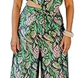 Women's Satin Tropical Printed Beachwear Co-Ord Scarf Top and Wrap Pant Set Coverup, Resort Vacation Wear (SCO1013-Black, Green, Light Pink-Free Size)-image-74