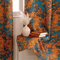 HOMEMONDE Blackout Curtains 6 Feet Long Set of 2 - Room Darkening Window Curtain Digital Printed with Black Backing, Thermal Insulation & Noise Reduced Drapes, (Turquoise & Mustard, 72 Inches)-image-1