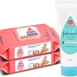 Johnson's Baby Skincare Wipes With Lid, 72s Twin Pack & Johnson's Baby Milk & Rice Cream 100g-image-62