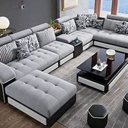 FURNART FURNITURE & INTERIOR Modern U-Shaped Sectional Sofa Set with Storage, 9 Seater, Sofa Couch with 4 Puffy for Hall Guest Room (Grey & Black)-image-46