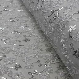 Embroidered Floral Sequin Fabric on Mesh Fabric White-image-35