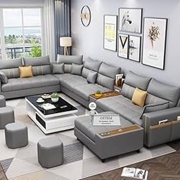 OXTEM ; The Furniture World U-Shape 10-Seater Leatherette Sectional Sofa Set for Living Room | Seating for 14 People with 4 Puffy Stools | Pre-Assembled (Light Gray)-image-61