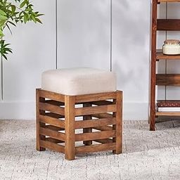 Solid Wood Stool with Cushion for Living Room & Bedroom – Multipurpose Wooden Puffy for Sitting, Dressing Table & Footrest – Honey Finish Square Ottoman for Home.-13