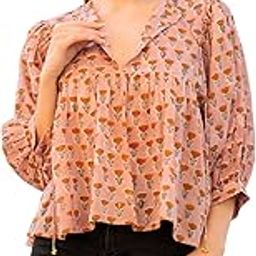 Women's Cotton Printed Boho Blouse Handmade Block Print Peasant Top with Balloon Sleeves-picture-16