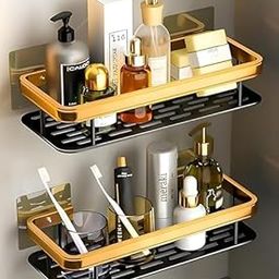 Pack of 2 Self-Adhesive Multipurpose Wall Mounted Shelf and Rack for Bathroom and Kitchen, Space Saving Bathroom Organizer Shelf, Punch Free Wall Shelves, Wall Stand (Gold-Black)-18