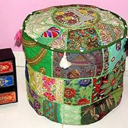 GANESHAM Beautiful Handmade Green Christmas Decorative Bohemian Ottoman Patchwork Ottoman Indian Embroidered Indian Vintage Cotton Round Pouf Foot Stool, Vintage Ottoman Bohemian Decor (Cover Only)-image-15