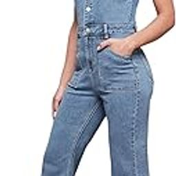 miss chase Women's Flared High Rise Stretchable Denim Jumpsuit-picture-14