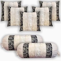 Gifts Island Combo Dupion Silk Tricolor Tribal Golden 3D Printed Square Pillow Cushion Covers 16x16 inches Set of 5 & Round Pillow Bolster Covers Set of 2 16x32 inches (Black,Beige,White) (Pack of 7)-9