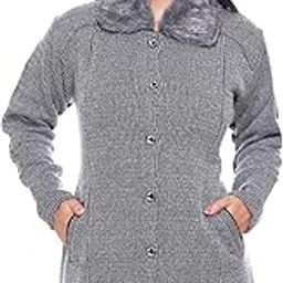 Women Woolen Buttoned Fur Collar Neck Stylish Party Winter Wear Coat Cardigan Sweater-image-89