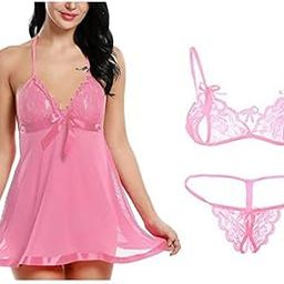 Women’s Net Lace Babydoll Lingerie Set of Midi/Nighty/Nightgown with Panty, Sexy Sleepwear Sling Dress Set Combo Pack of 1-image-54