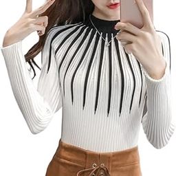 Spandex Radial Striped Long Sleeve Turtleneck Knitted Pullover Women Sweater - Free Size White-image-59