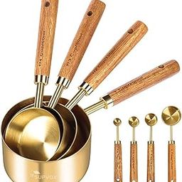 Supvox® Measuring Cups and Spoons with Wood Handle Set of 8, Stainless Steel, Golden Polished Finish, Baking Tools, Dry & Liquid Measuring Cup for Cooking-2