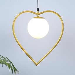 tu casa Golden Metal Heart Shape Pendent Light with White Glass Shade Hanging Lamp for Bedroom, Living Room, Lounge, Office, Gifting Area Without Bulb for Home Decoration (Height - 42")-image-1